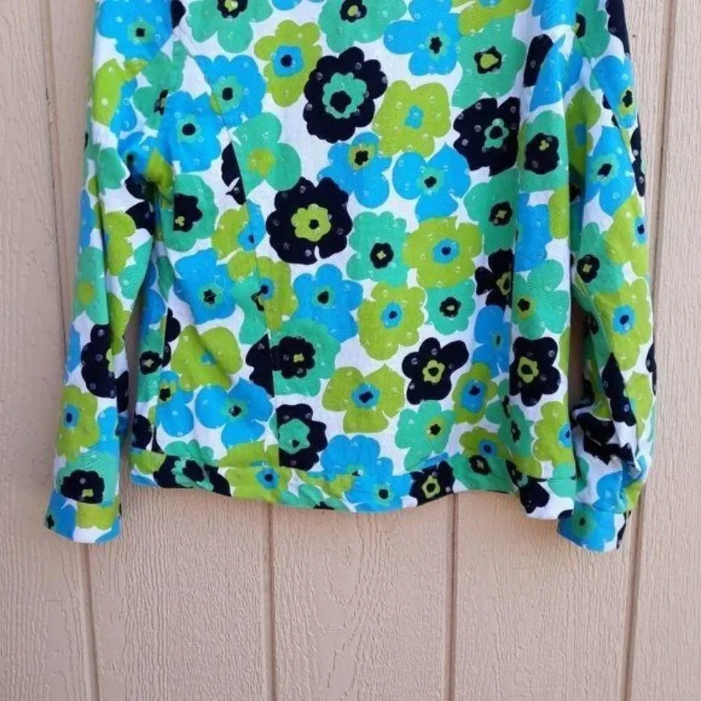 Whimsical 70's Flower Sequin Shaket Jean Jacket Floral Button Down Pockets Sz 10